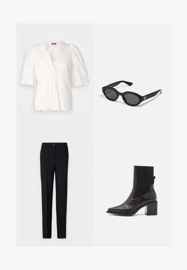 Witte blouse met gepofte mouwen, stoffen met oogjes en bloeiende en paisley patronen, gegolfde zoom en een V-hals met strikdetail.; Zwarte op maat gemaakte broek met een recht toegegeven ontwerp, voorzien van een knoopsluiting en riemlussen, gemaakt van gladde stof.; Zwarte enkelboot met een spitse neus, gemaakt van soepel leer en elastische stof. Heeft een blokhak en een minimalistisch ontwerp.; Zwarte ovale zonnebril met donkere glazen en een glanzend kunststof frame. Heeft een gouden logo op de poot, dat een strakke en moderne uitstraling biedt.; Blauwe handtas met patroon van stof, met een gebogen vorm, zwarte leren schouderriem en logo ontwerp in een lichtere tint.