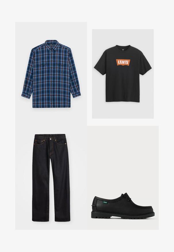 Polo Ralph Lauren Big & Tall Shirt - blue/navy; Black cotton t-shirt featuring a large orange Levi's logo on the front, short sleeves, and a crew neck design.; Men’s straight-leg black denim jeans with five pockets and orange stitching, button and zip closure on front waistband.; Black leather shoe with a low profile, round toe, and textured sole. Features green "POLO" tag and contrasting stitching along the edge.