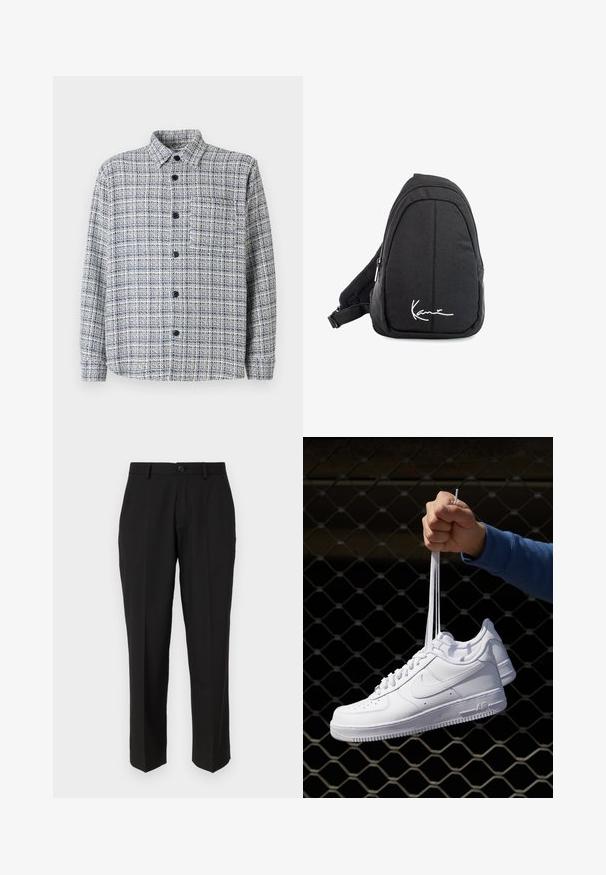 Knäppskjorta i blå och krämfärgad rutmönster, med krage, långa ärmar och bröstficka. Tillverkad av textil i vävd struktur.; Svarta byxor i slät tygkvalitet, med rak bendesign, framfickor, en enkel knappstängning och utan synliga mönster.; Vita lädersneakers med perforeringar, rund tå, platt sula och tjocka snörning, med en synlig swoosh-logga och "AIR" på hälen.; Svart tyg sling ryggsäck med en mjuk textur, med en rundad design, en dragkedjefack och en vit logotyp på framsidan.