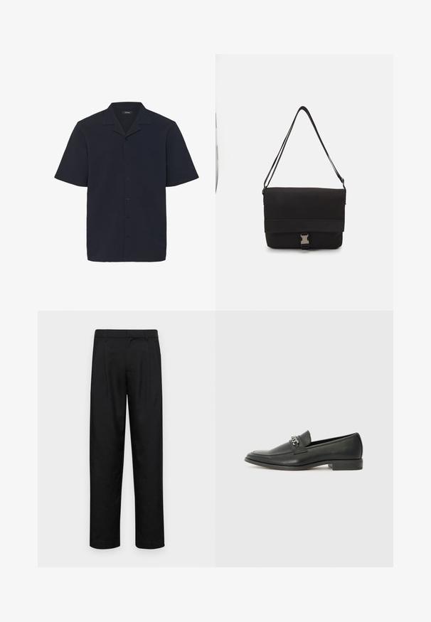 īsām piedurknēm, tumši zila krekla ar tekstūru. Iezīmēts ar norādītu apkakli un sešām priekšējām pogām. Taisna apakšmalu.; Melnas bikses, izgatavotas no gludas auduma, ar taisnu kāju dizainu, divām priekšējām krokām un standarta jostu, kurai ir āķi.; Melna ādas loafer izmēra apavi ar gludu virsmu, piedāvā ar šūtu dizainu un dekoratīvu metāla ķēdes akcentu pār vampu. Plakana papēža daļa.; Melna sūtītāja soma, izgatavota no gludas materiāla, ar nolocamu vāku, sudraba sprādzi un regulējamu plecu siksnu.