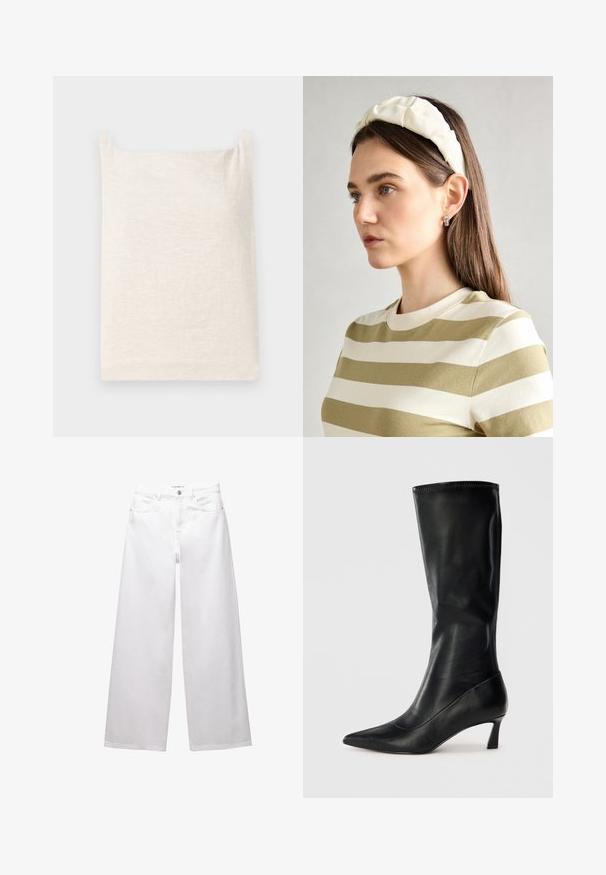 Top bej, fără mâneci, cu decolteu pătrat. Material moale, texturat. Design simplu, cu tiv drept și fără modele sau accente suplimentare.; Jeans albe cu croi larg, confectionate din denim. Prezintă închidere cu nasture, buzunare frontale și posterioare, și cusături evidente. Textură netedă cu detalii minime.; Cizmă înaltă din piele neagră, cu vârf ascuțit și un toc modest. Textură netedă și design elegant, cu detalii de coasere subtile.; Bandă de cap din material moale, de culoare crem, cu un design răsucit, purtată alături de o bluză în dungi bej și albă, cu guler rotund. Accente discrete din bijuterii.
