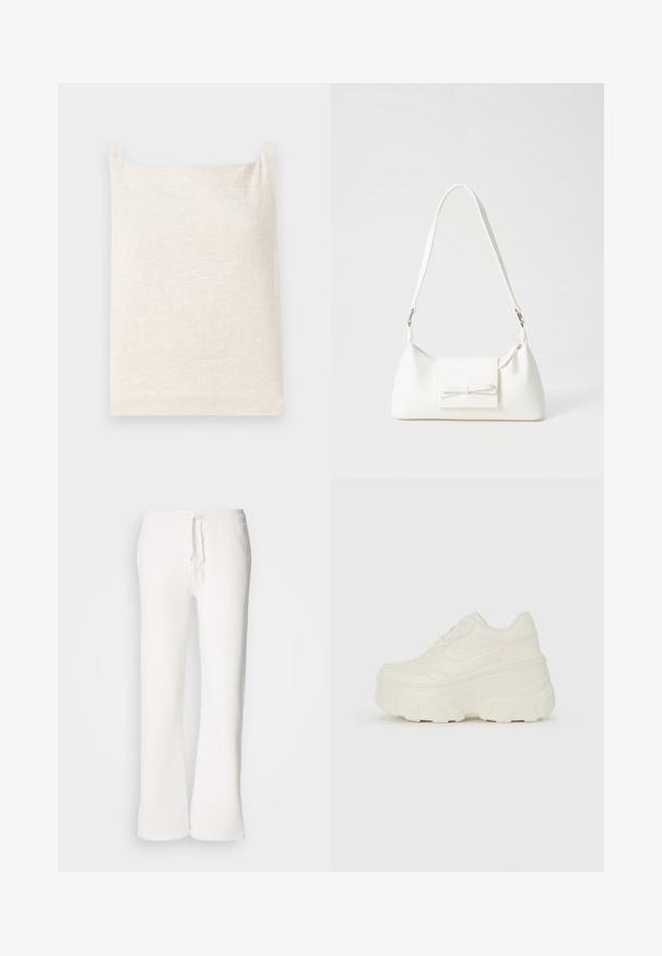 Top bege sem mangas com decote quadrado. Tecido suave e texturizado. Design simples com bainha reta e sem padrões ou detalhes adicionais.; Calças de fato brancas, de corte descontraído, feitas de um tecido macio, com um cós elástico e um cordão de ajuste, apresentando um design de pernas retas.; Tênis brancos de plataforma com um cabedal suave semelhante a couro, formato arredondado, colarinho acolchoado e sola de borracha texturizada com ranhuras bem definidas.; Mala sintética branca com formato triangular, aba frontal plana e detalhe de laço, alça ajustável, textura suave e design minimalista.