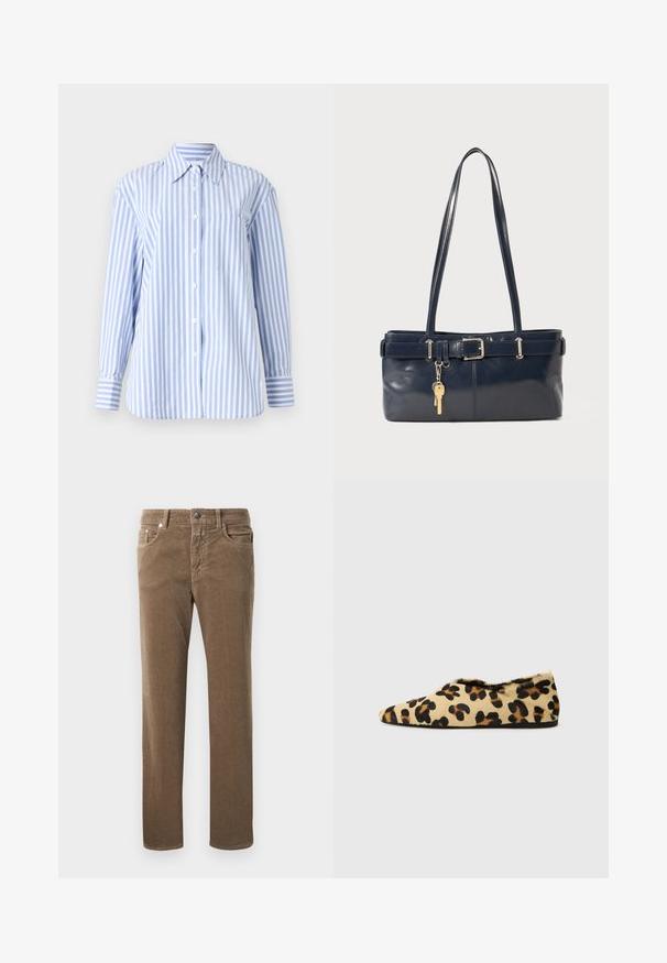 Light blue and white striped long-sleeve shirt with a collar, front button closure, and a chest pocket. Made of smooth fabric.; Brown corduroy straight-leg trousers with front pockets, belt loops, and button closure on a white background.; Leopard print flat shoes made of soft fur, featuring a pointed toe design and a low profile. Natural tones with black accents.; Navy leather handbag with two long handles, a buckle detail, and a keychain attached. Features a smooth texture and a rectangular shape.