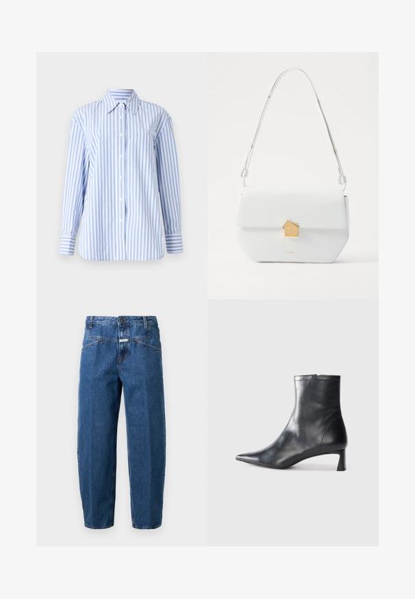 Világoskék és fehér csíkos, hosszú ujjú ing, gallérral, elején gombos záródással és mellzsebekkel. Simogató tapintású anyagból készült.; Sötétkék farmernadrág, laza szabású, öt zsebes kialakítással, varrott varratokkal és gombos derékrésszel.; Fekete bőr bokacsizma hegyes orral és letisztult dizájnnal. Alacsony sarka és hátsó cipzáras záródása van. Simának tűnő textúra.; Fehér bőr válltáska geometrikus arany csattal, lapos dizájnnal és hosszúkás pánttal. Tiszta vonalakkal és fényes textúrával rendelkezik.