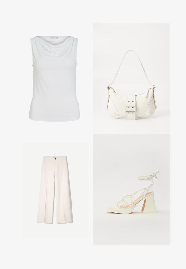 Top alb pentru femei, fără mâneci, cu decolteu drapat și siluetă ajustată, etichetat "VILA" pe guler.; Pantaloni largi de culoare crem, cu un design croit, având două buzunare la față și o închidere cu un singur nasture în față, realizați dintr-un material neted.; Sandale albe cu toc înalt și gros, cu un design cu curele și legătură la gleznă. Textură netedă, cu o platformă frontală pentru înălțime suplimentară.; Geantă albă de umăr cu un finisaj texturat, un accent cu cataramă centrală și o formă curbată. Încărcătoare cu fermoar pe ambele laturi.