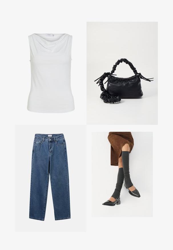 Sleeveless white women's top with a draped neckline and fitted silhouette, labeled "VILA" inside collar.; Classic blue denim jeans with a straight-leg design, five pockets, and a button closure. Features a medium wash and sturdy texture.; Black patent leather pointed-toe shoes with a block heel and ankle strap, paired with gray ribbed leg warmers and a brown suede skirt.; Black faux leather handbag with a crocodile texture, cinched top, and a scrunched strap. Appears soft and compact in design.