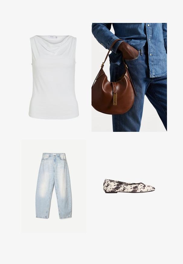 Ærmeløs hvid kvinde top med draperet halsudskæring og tætsiddende silhuet, mærket "VILA" indeni kraven.; Lyseblå denimbukser med en loose fit, der har en falmet finish, to forlommer og en knaplukning i taljen.; Sort-hvid prikket balletflad med en lille sløjfe på den rundede tå og lav hæl, vist fra siden på en hvid baggrund.; Brun læder hobo taske med en afrundet form, der har et guldhardware-element og kontraststing. Sammen med en denimskjorte og jeans.