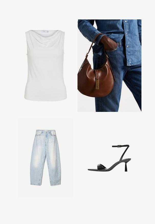 Ärmelloses weißes Damenoberteil mit einem drapierten Ausschnitt und figurbetontem Schnitt, innen am Kragen mit dem Label "VILA".; Hellblaue Jeans aus Denim mit lockerer Passform, im ausgewaschenen Finish, zwei Fronttaschen und einem Knopfverschluss am Bund.; Bershka High Heel Sandalette - black; Braune Leder-Hobo-Tasche mit runder Form, ausgestattet mit goldenen Hardware-Details und kontrastierenden Nähten. Kombiniert mit einem Jeanshemd und Jeans.