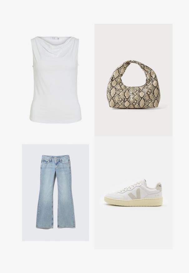 Bela ženska majica brez rokavov z drapirano ovratnikom in oprijetim silhueto, v ovratniku označena z "VILA".; Weekday NOVA - Kavbojke slim fit - lip blue; Bela usnjena tenisača z bež semiš poudarki, perforiranim prednjim delom, ravnimi vezalkami in strukturiranim kremnim podplatom. Ima diskretno blagovno znamko na peti.; Torba z vzorom kače s ukrivljenim ročajem. Narejena iz teksturiranih, bež in rjavih materialov, ki imajo značilen diamante vzorec.