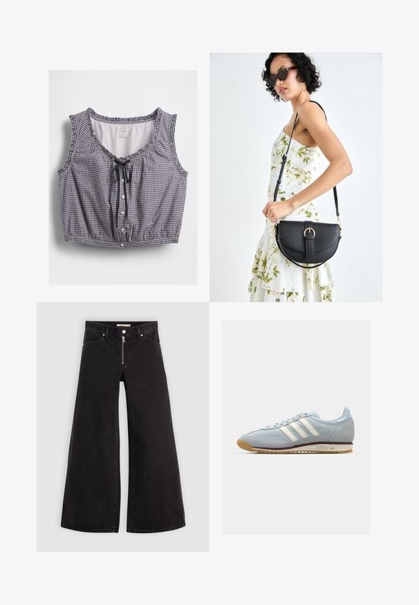 Blusa cropped sem mangas em padrão vichy azul-marinho e branco, com decote franzido, detalhe de laço e fecho com botões na frente.; Calças de ganga de perna larga em denim preto com fecho éclair à frente, design de cinco bolsos e detalhes de costura subtil. Textura suave e estilo casual.; Sneakers de camurça azul claro com três riscas brancas, sola de borracha e malha texturizada. Apresenta uma biqueira lisa e marca no calcanhar.; Bolsa de couro preta com forma curva, alça destacável e detalhes em dourado. A bolsa possui uma aba com detalhe de fivela.