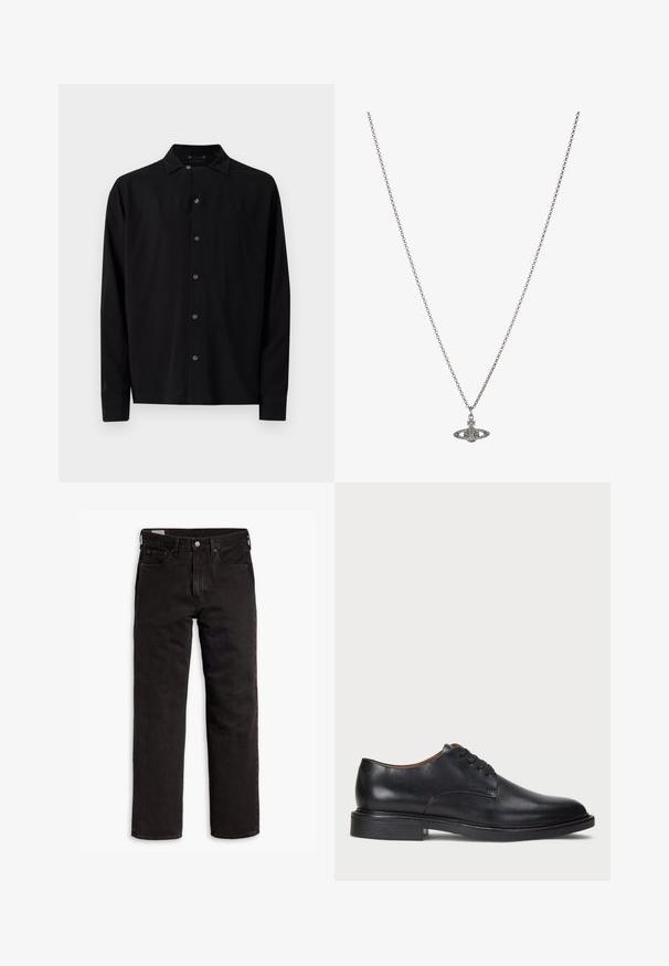 Schwarzes Langarmshirt mit einem klassischen Kragen, Knöpfen auf der Vorderseite und einer glatten Textur, geradem Saum und geknöpften Manschetten.; Schwarzes Baumwoll-T-Shirt mit rundem Halsausschnitt und kurzen Ärmeln. Verfügt über ein dezentes Logo auf der Vorderseite und einen geraden Saum. Einfaches und minimalistisches Design.; Schwarze gerade Jeans aus Denim mit fünf Taschen, Knopfverschluss und Gürtelschlaufen, flach auf einem weißen Hintergrund ausgelegt.; Schwarze Lederdressschuhe mit runder Zehenform, Schnürdesign und niedrigem gestapeltem Absatz. Glatte Textur mit minimalen Nähten.; Silberne Kettenhalskette mit einem detaillierten Anhänger in Form eines Planeten, verziert mit kleinen Akzenten und kunstvollen Mustern.