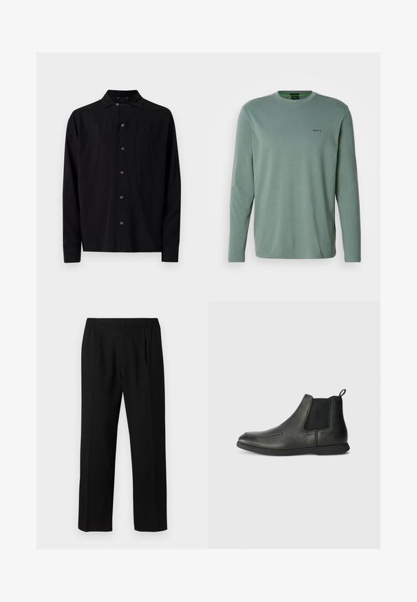 Camisa negra de manga larga con cuello clásico, botones en la parte frontal y una textura suave, con dobladillo recto y puños abotonados.; Camiseta de manga larga verde clara hecha de una tela suave. Presenta un cuello redondo y un pequeño logotipo "BOSS" bordado en el pecho.; Pantalones negros hechos de una tela suave, con una cintura elástica, diseño de pierna recta y dos pliegues frontales para mayor detalle.; Botas de tobillo de cuero negro con textura suave, paneles laterales elásticos y una tira en la parte posterior. Punta redondeada y suela de goma.