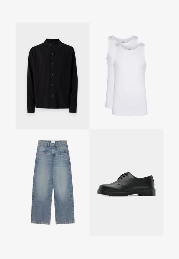 Mustmust shirt pikad varrukad, millel on tavaline krae, esipaneelil nupud ja sile tekstuur, otse hem ja nööpidega mansetid.; Valged puuvillased topsid, ilma varrukateta disain, ümar kaelus, ühtlane tekstuur, pehme ja kerge kangas. Näidatud on kaks tükki.; Heledad sinised laiad teksapüksid, mis on valmistatud denimist, kõrge vöökoht, viis taskut ning nähtava õmblusega, kergelt kulunud viimistlusega.; Mustad musta nahast oksfordi king, millel on paeltega disain, ümar nina, lame kummist tallal ja diskreetne õmblemise detail ülemise osa ääres.