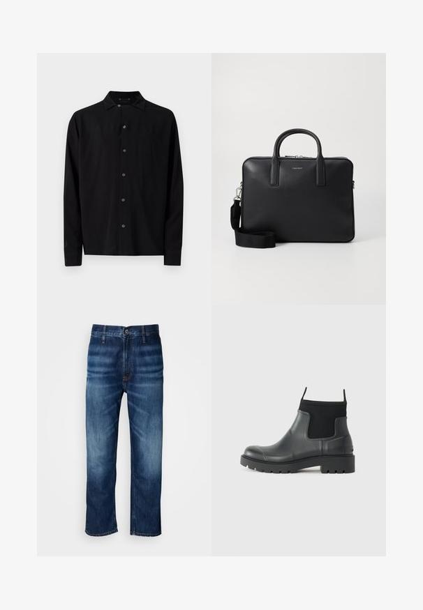 Juodas ilgomis rankovėmis marškinys su standartiniu apykakle, priekyje su sagomis ir sklandžiu tekstūru, tiesiu hemu ir užsegamomis rankovėmis.; Tamsiai mėlynos tiesios kojų džinsai su subtiliu išblukimu ant šlaunų ir užsegimu prie juosmens, pateikti ant baltos fono.; Juodos gumos aulinukai iki kulkšnies, matinio paviršiaus, su dailiu dizainu, elastingomis detalėmis ir stambiu padu, užtikrinančiu sukibimą.; Juodas odinis portfelis su tekstūruotu paviršiumi, dviem rankenomis, nuimama petneša ir priekyje esamu logotipo detaliu. Uždarymas užtrauktuku.