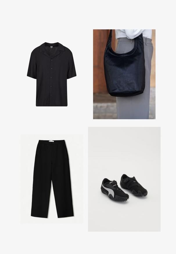 Zwart shirt met korte mouwen, gemaakt van lichtgewicht stof, met een knopenlijst aan de voorkant, een gespreide kraag en een relaxte pasvorm voor veelzijdige styling.; Zwarte wijde broek van textuurstof, met een elastische tailleband en zijzakken. Eenvoudig, minimalistisch ontwerp zonder versieringen.; Zwarte sportschoenen met gestructureerde zolen, een gestroomlijnde silhouet en een grijs accentontwerp; beschikt over een veilige sluitband en een vetersluiting.; Zwarte leren schoudertas met een zachte, gladde textuur, gebogen bovenkant en een ronde bodem, gepresenteerd naast lichtgekleurde broeken.; Zilveren metalen polshorloge met een vierkante kast, witte wijzerplaat, Romeinse cijfers en een zilveren schakelarmband. Beschikt over een waterdicht ontwerp.