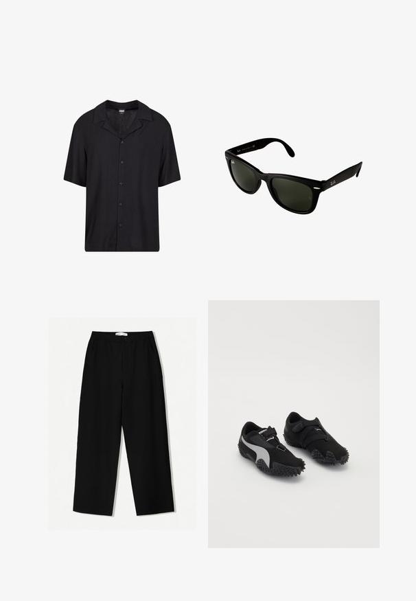 Camicetta a maniche corte nera realizzata in tessuto leggero, con fronte abbottonato, colletto a bavero e vestibilità rilassata, perfetta per uno styling versatile.; Pantaloni neri a gamba larga con un tessuto texturizzato, dotati di una vita elasticizzata e tasche laterali. Design semplice e minimale senza decorazioni.; Scarpe sportive nere con suole testurizzate, una silhouette snella e un design con accenti grigi; presentano una cinghia di chiusura sicura e un sistema di allacciatura.; Occhiali da sole in plastica nera con lenti verde scuro. Il design della montatura quadrata presenta dettagli argentati e un logo in rilievo sulla tempia.; Borsa a spalla in pelle nera con una texture morbida e liscia, parte superiore arcuata e base arrotondata, abbinata a pantaloni chiari.; Orologio da polso in metallo argentato con cassa quadrata, quadrante bianco, numeri romani e bracciale a maglie argentate. Presenta un design resistente all'acqua.