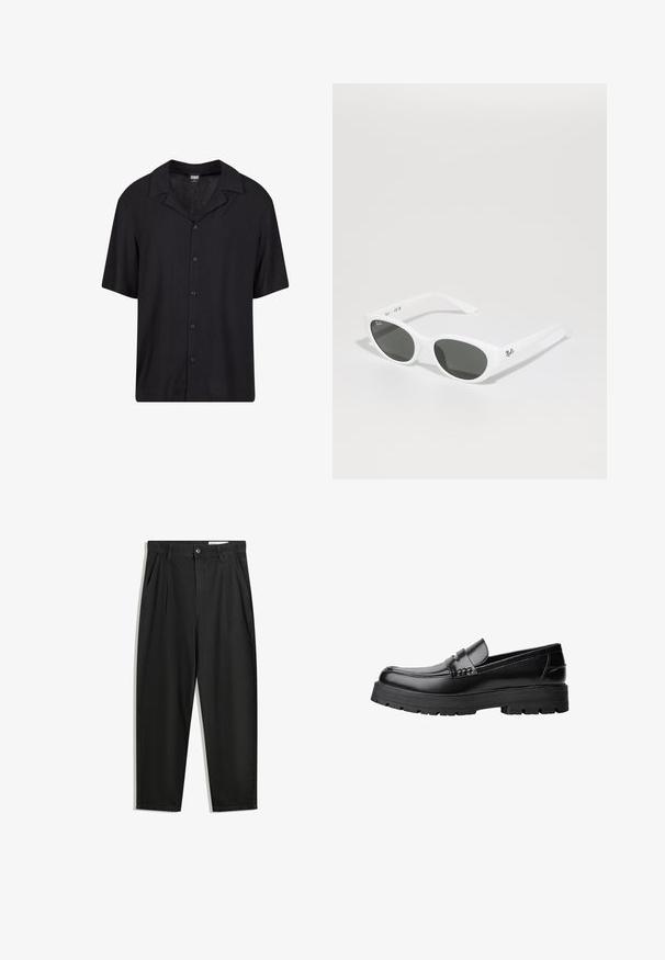 Čierna košeľa s krátkym rukávom vyrobená z ľahkého materiálu, s gombíkovým zapínaním, rozšíreným golierom a voľným strihom s univerzálnym stylingom.; Čierne bavlnené nohavice s voľným strihom, s klasickým pásom, prednými záhybmi a bočnými vreckami. Hladká textúra bez vzorov.; Čierne kožené mokasíny s masívnou podrážkou a dekoratívnym pásom cez hornú časť, zobrazené z ľavého bočného profilu na bielom pozadí.; Biele slnečné okuliare so zaoblenými rámami a tmavými sklami. Majú hladký plastový povrch a malé logo na nožičke.