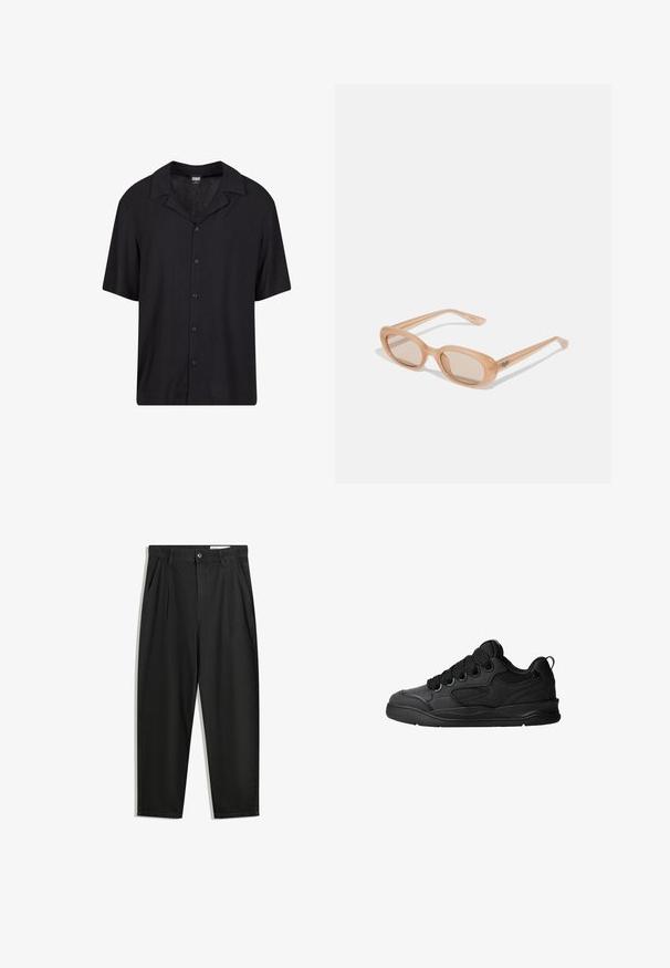 Kurzarmpoloshirt aus leichtem Stoff in Schwarz, mit durchgehender Knopfleiste, Kentkragen und lässiger Passform, vielseitig kombinierbar.; Schwarze Baumwollhose mit lockerem Schnitt, ausgestattet mit einem klassischen Bund, vorderen Falten und Seiten taschen. Glatte Textur ohne Muster.; Schwarze Sneaker mit strukturiertem Obermaterial, ausgestattet mit Schnürsenkeln, Mesh-Akzenten für Atmungsaktivität, gepolstertem Kragen und einer stabilen Laufsohle.; Sonnenbrille mit einem transparenten, hellbraunen Rahmen, ovalen Gläsern und schlanken Bügeln, die ein dezentes eingraviertes Logo tragen. Mattes Finish mit minimalistischen Design.