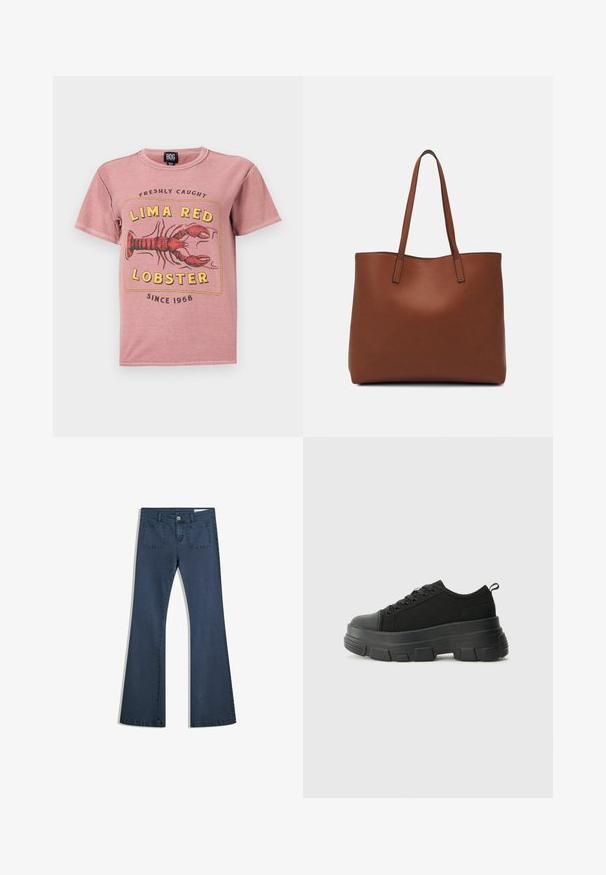 T-shirt en coton rose avec un motif de homard et le texte "LIMA RED LOBSTER" en jaune et noir, col rond et manches courtes.; Jean en denim bleu foncé évasé avec poches surpiquées, fermeture à bouton et texture lisse. Dispose d'un design classique à cinq poches.; Baskets noires avec une semelle en caoutchouc épaisse, un dessus en tissu texturé, un bout rond et un design à lacets. Présente des œillets renforcés et une languette à l'arrière.; Sac fourre-tout en cuir marron avec une texture lisse, design à ouverture supérieure et deux poignées pour le porter à l'épaule. Présente des coutures minimales et aucun matériel visible.
