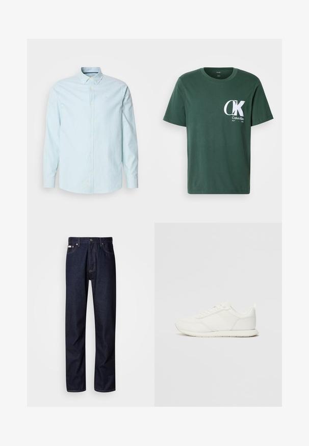 Lyseblå skjorte med knapper, der har tynde hvide striber, lange ærmer og klassisk krave. Inkluderer et lille logo på brystet.; Grøn bomulds T-shirt med korte ærmer, rund hals, med et stort hvidt CK-logo på brystet og teksten "Calvin Klein EST 1968".; Mørkeblå denim jeans med lige ben-design, der har en knaplukning, fem lommer og kontrastsyede detaljer.; Hvid sneaker med en overdel af mesh og syntetisk materiale, rund tå, flade snørebånd og en struktureret side-stribe. Gummisål med en træktab bagpå.