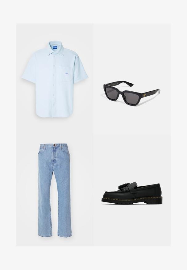 Lyhythihainen vaaleansininen nappipaita, teksturoitu kangas, kaulus, etutasku tarralla ja suora helma, sopii rentoon käyttöön.; Vaaleansininen denimi, jossa on korkea vyötärö, suorat lahkeet ja etutaskut. Varusteena kuparinväriset yksityiskohdat ja hienovarainen kuluminen.; Musta nahkakalvosin tupsuilla, keltainen tikkaus pohjan ympärillä ja paksu, uritettu kumipohja.; Musta suorakulmionmuotoinen aurinkolasit, joissa on kiiltävä viimeistely, tummat linssit ja kultainen yksityiskohta templellä, jossa on logo.