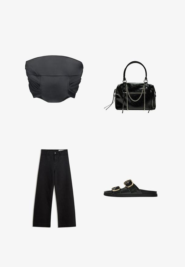 Top scurt din piele sintetică neagră cu textură increțită și o formă structurată, având o suprafață netedă și detalii de cusătură minime.; Pantaloni din denim negri cu picioare largi, cu talie înaltă, având buzunare frontale și posterioare, cusături dublate și închidere cu nasture. Textură netedă.; Sandalie negre cu toc plat, cu două accente de cataramă aurie, din material texturat neted și design minimalist.; Bershka WITH CHAIN - Geantă de mână - black
