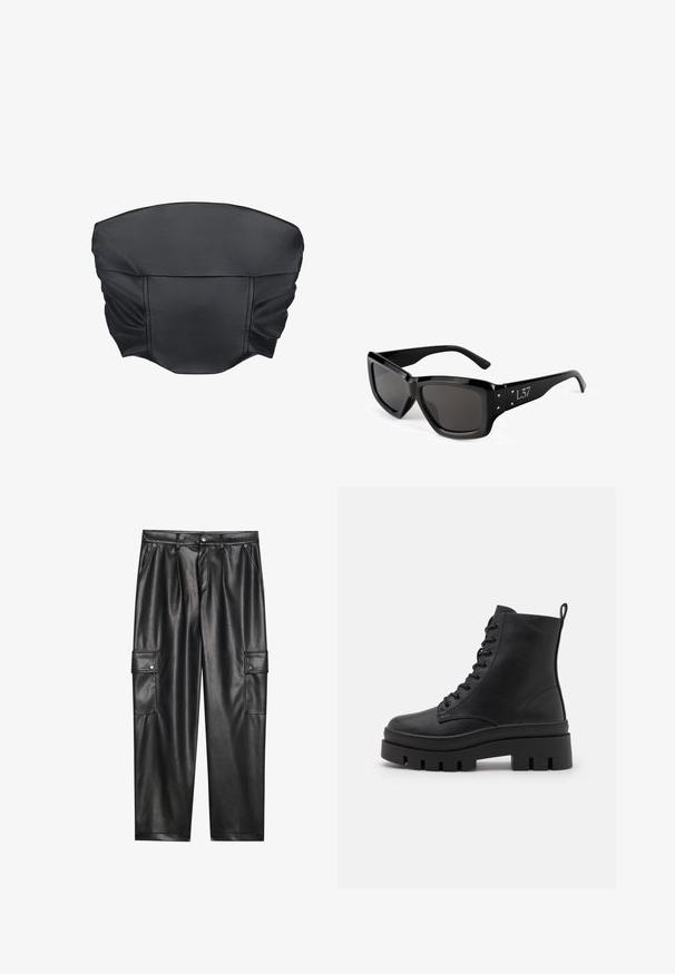 Čierny krátený top z umelého kože so zberanou textúrou a štruktúrovaným tvarom, ktorý má hladký povrch a minimalistické švy.; Čierne cargo nohavice z umelej kože s vysokým pásom, dvoma bočnými vreckami a dvoma cargo vreckami s gombíkmi na stehnách. Hladká textura a strihaný dizajn.; Even&Odd Wide Fit Členkové čižmy na platforme - black; Čierne slnečné okuliare s obdĺžnikovým rámom, tmavými sklíčkami a trojuholníkovými akcentmi po stranách. Hladký plastový povrch, moderný dizajn.