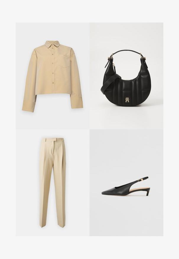 Trumpa béžinė marškiniai, pagaminti iš medvilnės mišinio, su įstrižiniu apykakle, mygtukų priekyje ir maža krūtine su logotipo siuvinėjimu.; Smėlio spalvos dailiai pritaikyti kelnių modeliai su tiesiu kirpimu, su raukšlėmis, liemens juosta ir lygiu paviršiumi. Nėra matomų kišenių ar puošmenų.; Juodas odinis slingback aukštakulnis batelis su smailiu nosiu, žemu kulnu ir reguliuojama kulkšnies juosta, papuošta auksinės spalvos užsegimu. Lygi tekstūra.; Juodas odinis rankinukas, su išlenkta forma, siuvinėta tekstūra ir auksiniais akcentais. Pasižymi nuimamu peties diržu ir logotipo detale.