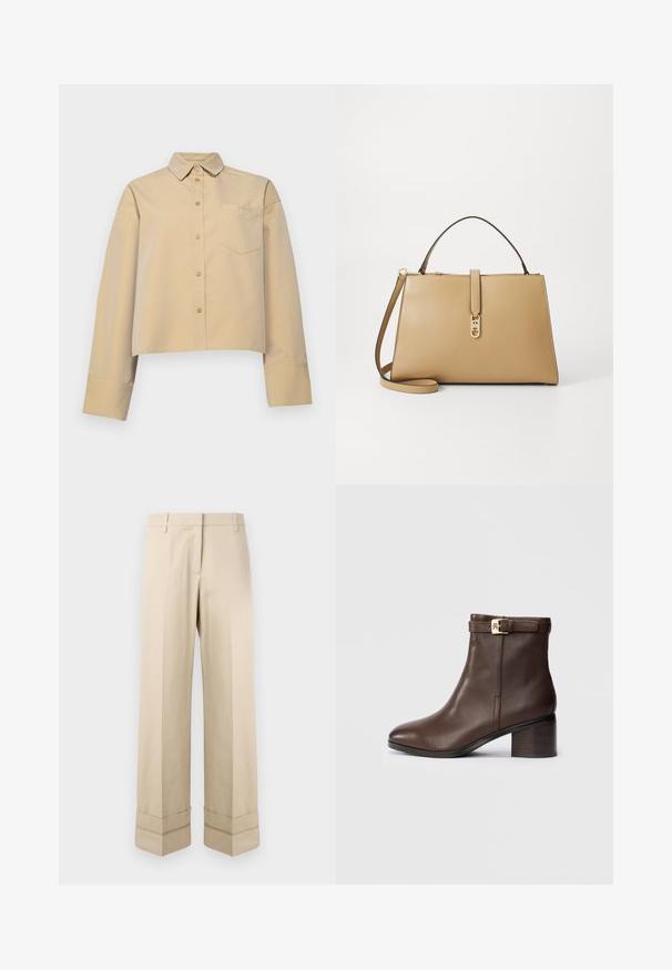 Cropped beige shirt made of cotton blend, featuring a pointed collar, button front, and a small chest pocket with logo embroidery.; Beige trousers with a straight fit, featuring a double cuff at the hem and a flat front design. Made of smooth, durable fabric.; Brown leather ankle boot with a rounded toe, low block heel, and a decorative buckle strap at the ankle. Smooth texture and sleek design.; Tommy Hilfiger LIBRE SATCHEL - Handbag - safari