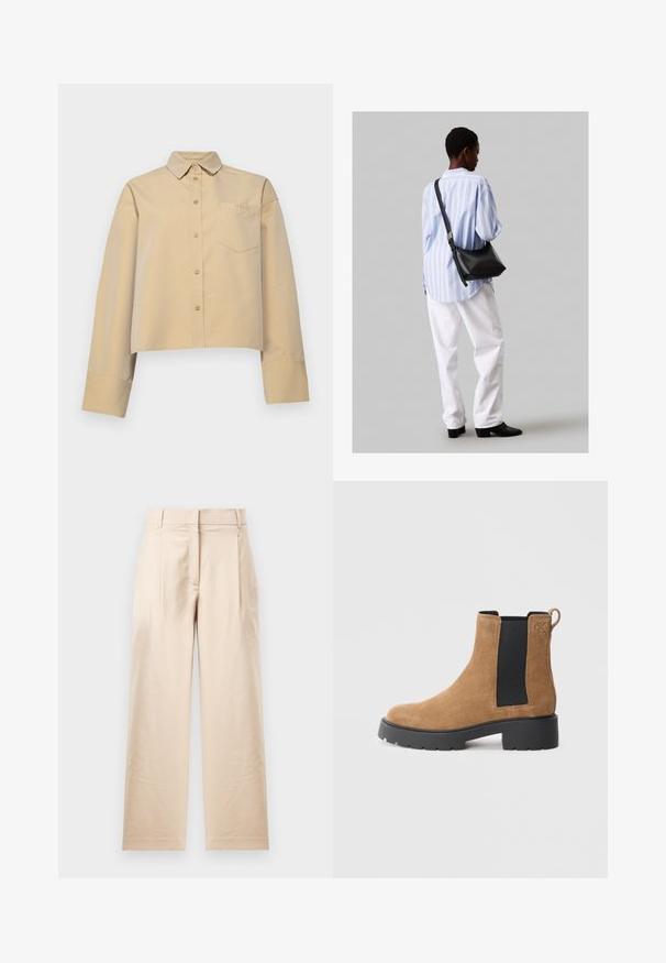 Camicia beige accorciata in misto cotone, con colletto a punta, chiusura con bottoni e una piccola tasca sul petto con ricamo del logo.; Pantaloni beige realizzati in tessuto liscio. Presentano una vestibilità dritta, cintura piatta e due pieghe. Nessun motivo visibile o accessori metallici.; Stivale alla caviglia in suede marrone con pannello elastico nero ai lati, suola nera chunky, linguetta sul retro e logo "cK" stampato vicino alla caviglia.; Borsa a tracolla in pelle nera con una texture morbida, forma triangolare e tracolla regolabile, abbinata a una camicia a righe blu chiaro e pantaloni bianchi.