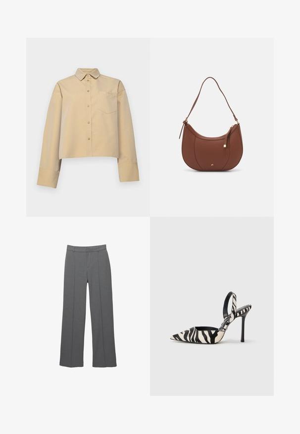 Kratka bežna srajca iz mešanice bombaža, z ostrim ovratnikom, sprednjim gumbom in majhnim žepkom na prsih, okrašenim z vezenjem logotipa.; Sive široke hlače iz teksturirane tkanine, z ravnim sprednjim delom, dvema navpičnima gubama in standardnim pasom.; Slingback pete z visoko konico v črno-kremastem zebrovem vzorcu, z ozkim visokim peto in odprtimi hrbtom ter črnim notranjim delom.; Rjava usnjena torbica z ramenskim ročajem, ukrivljene oblike, minimalnim šivom in zlato-tonirano kovinsko dekoracijo. Ima zgornje zapiranje na zadrgo in nastavljiv trak.; Srebrne obročaste uhane z gladko, sijočo površino. Zaobljena oblika, lahka zasnova, z zapiranjem na zatič.