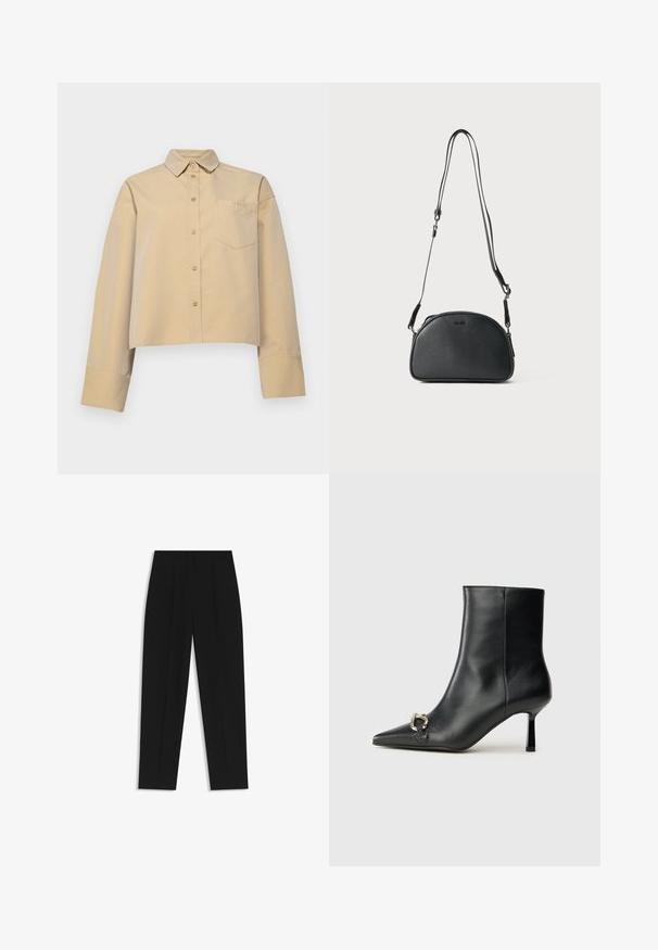 Beige gekürztes Shirt aus Baumwollmischung, mit spitzem Kragen, Knopfleiste und einer kleinen Brusttasche mit Logo-Stickerei.; Schwarze Hose mit geradem Schnitt, doppelten Falten, einer glatten Textur und einem klassischen Bunddesign. Keine sichtbaren Beschläge oder Akzente.; Schwarze Leder-Stiefelette mit spitzer Zehe, schlankem, mittelhohem Absatz und silberner Schnalle seitlich vor einem schlichten Hintergrund.; Schwarze Leder-Umhängetasche mit runder Form, zwei verstellbaren Trägern und einem dezenten Logo auf der Vorderseite. Strukturierte Außenseite, minimalistisches Design.