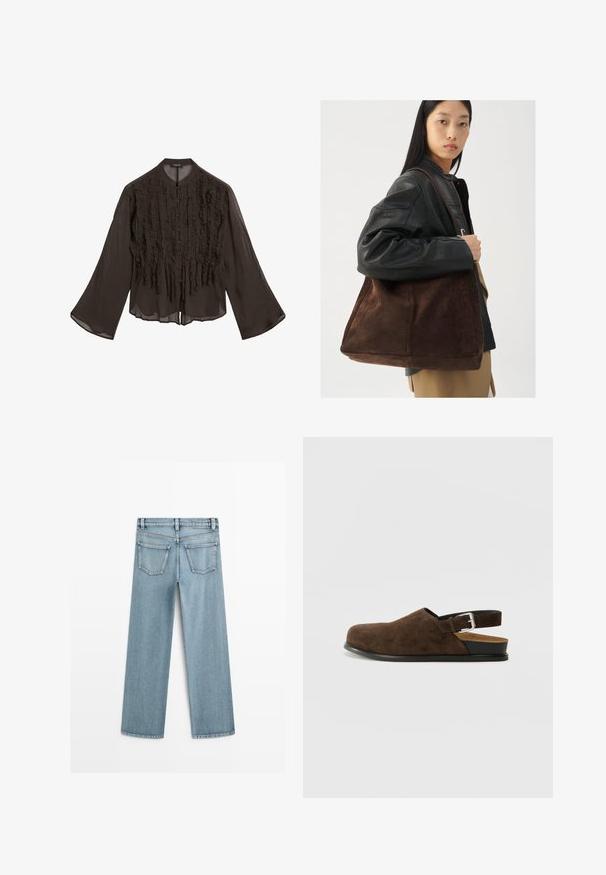 Dark brown long-sleeve blouse with vertical ruffled texture on the front, button-down closure, and a round neckline.; Light blue denim wide-leg jeans with a mid-rise waist, featuring two back pockets and a classic straight cut.; Brown suede slip-on shoe with a low heel, an adjustable strap with a silver buckle, and a black rubber sole.; Brown suede tote bag with a wide shape and soft texture, featuring a single strap and minimal hardware against a neutral backdrop.