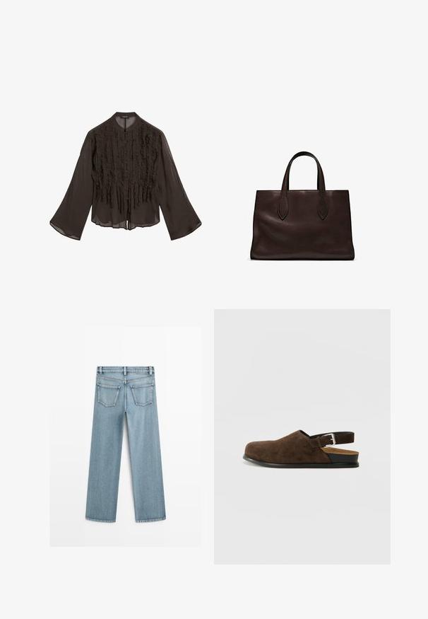 Mörkbrun långärmad blus med vertikal volangstruktur på framsidan, knappstängning och rund halsringning.; Ljusblå denimbyxor med vida ben och medelhög midja, som har två bakfickor och en klassisk rak skärning.; Bruna mockaskor med låg klack, justerbart band med ett silverfärgat spänne och en svart gummisula.; Brun läder tote-väska med två avlånga handtag, strukturerad rektangulär form, slät textur och subtila sömdetaljer.