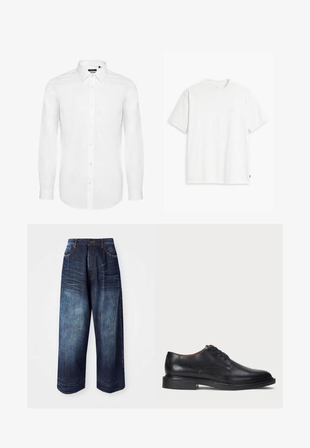Camisa blanca de manga larga hecha de tejido plano, con cuello abotonado, placket frontal con botones y mangas con puños. Diseño minimalista.; Camiseta de algodón blanca con mangas cortas, cuello redondo y sutil logo de Levi's impreso en el centro. Textura suave y ajuste estándar.; Pantalones anchos de mezclilla azul oscuro con una cintura alta, costuras en contraste, bolsillos delanteros y una textura suave con un ligero desvanecimiento.; Zapato de vestir de cuero negro con punta redonda, diseño con cordones y un tacón bajo apilado. Textura lisa con detalles de costura mínimos.