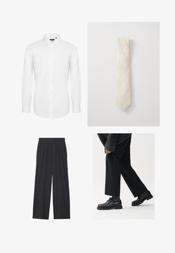 Balta garo piedurkņu krekls, kas izgatavots no austas auduma, ar pogām aizpogājamu apkakli, priekšējo pogu strēmeli un aprocēm ar aprocēm. Minimālistisks dizains.; Platas piegriezuma bikses no tumši pelēka auduma. Iezīmes - izgriezumi jostasvietā, veidota forma un taisna silueta.; Melni ādas apavi ar noapaļotu purngalu, aukliņu dizainu un biezu, teksturētu zoli. Valkāti ar piegrieztām melnām biksēm un ribotu džempera.; Bēša kaklasaites ar struktūru, ar norādītu galu un gludu virsmu. Dizains ir vienkāršs, bez rakstiem vai rotājumiem.