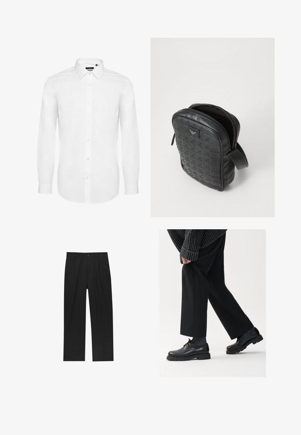 Cămașă albă cu mânecă lungă din material țesut, cu guler tip button-down, plachetă frontală cu nasturi și mâneci cu manșete. Design minimalist.; Pantaloni negri cu un design drept, fabricați dintr-un material neted. Au plisse în față și un sistem de închidere cu un singur buton la talie.; Pantofi din piele neagră cu vârf rotunjit, design cu şireturi şi o talpă groasă, texturată. Purtați cu pantaloni negri bine croiți și un pulover cu ripuri.; Geantă din piele texturată de culoare neagră, cu un model geometric, formă rectangulară, fermoar superior și un mâner scurt. Prezintă un patch cu logo pe față.