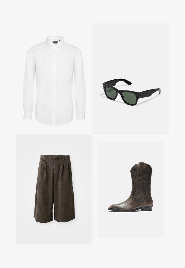 Witte overhemd met lange mouwen van geweven stof, voorzien van een button-down kraag, een voorplacket met knopen en mouwen met manchetten. Minimale uitstraling.; Bruine gestreepte shorts met een losse pasvorm. Gemaakt van lichtgewicht stof, met plooien en een omgeslagen zoom voor extra detail.; Bruine leren cowboylaars met een hoge schacht, spitse neus, ingewikkelde stikpatronen en een kleine hak. Gevarieerde afwerking overal.; Zwarte rechthoekige zonnebril met groene lenzen, matte afwerking, subtiele hardwareaccenten en een gegraveerd logo op de slaap.