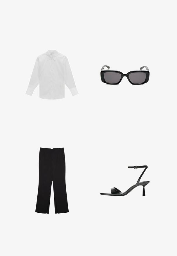 Valkoinen pitkähihaisen napillisen paidan, joka on valmistettu puuvillasta, tyylikäs kaulus, etunapit ja muotoillut olkapäät. Sujuva pinta.; Mustat housut suoralinjaisella leikkauksella, joissa on etutaskut ja sivurei'ät helman alla. Valmistettu pehmeästä ja sileästä kankaasta. Sopii eri tilaisuuksiin.; Bershka Korolliset sandaalit - black; Mustat suorakulmaiset aurinkolasit tummilla linsseillä, sileä muovikehys ja kaarevat templet. Suunnittelu on jykevä ja minimalistinen.