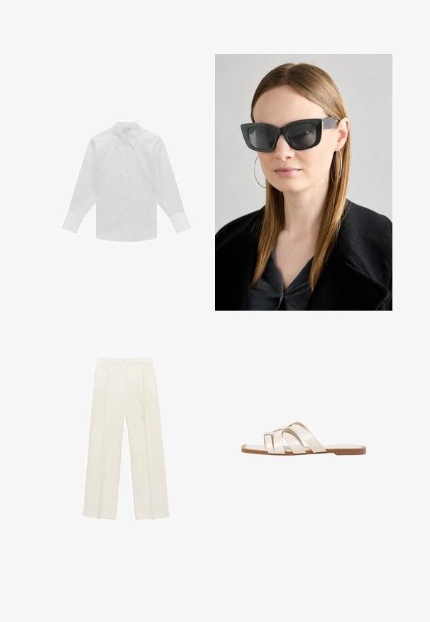 White long-sleeve button-up shirt made from cotton, featuring a classic collar, front buttons, and structured shoulders. Smooth texture.; Wide-legged trousers in a light cream color. Made from a smooth fabric with pleats at the front and side pockets.; Flat sandals with a tan rubber sole, designed with three overlapping white leather straps and a small bow detail at the center.; Black cat-eye sunglasses with dark lenses, thick frames, and subtle accents. Worn with a black coat and gray top, featuring long straight hair.; Beige leather handbag with a unique shape, featuring two short handles and a long adjustable strap. Smooth texture with minimal hardware.