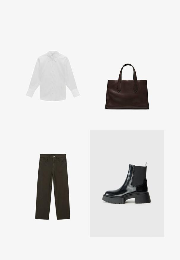 Hvid langærmet skjorte med knaplukning lavet af bomuld, med klassisk krave, frontknapper og strukturerede skuldre. Glat tekstur.; Mørkegrønne brede jeans lavet af en bomuldsblanding, med en frontlukning med knap, fem lommer og klassisk denim-syning.; Sorte ankelstøvler lavet af blank læder med elastiske sidedele, et trækstrop og en chunky gummisål med et tekstureret mønster.; Brun læder tote bag med to forlængede håndtag, struktureret rektangulær form, glat overflade og subtile syninger.