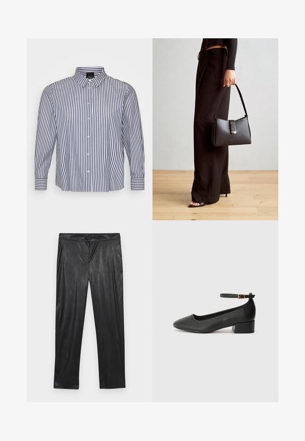 Striped long-sleeve shirt in blue and white, featuring a button-down collar, vertical stripes, and button-front closure with buttoned cuffs.; Black faux leather trousers with a smooth texture, tapered legs, an elastic waistband, and a button detail at the front.; Black leather pump with a pointed toe and a low block heel. Features an ankle strap with a gold-tone buckle. Smooth texture.; Black handbag with structured shape, smooth texture, and a metallic clasp. Paired with wide black pants and open-toe sandals on wooden floor.