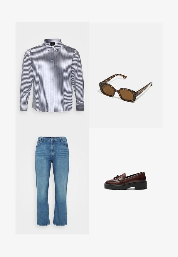 Cămașă cu dungi, cu mânecă lungă, în albastru și alb, având un guler tip button-down, dungi verticale și închidere cu butoane pe față, cu manșete butonate.; Jeanși din denim de culoare bleu deschis, cu un design drept, având cinci buzunare, bucle pentru curea și o decolorare subtilă pe față.; Loafers din piele maro, cu un design elegant, talpă platformă neagră în contrast și accent decorativ cu ciucure pe vârf. Textură netedă.; Ochelari de soare cu chelă de broască țestoasă, având un cadru rotund și voluminos, cu lentile maro. Prezintă modele subtile și brațe drepte, conice.