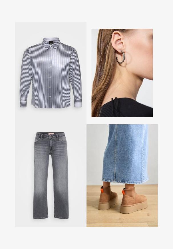 Röstripiline pikkade varrukatega särk sinises ja valges, mis sisaldab nööpidega krae, vertikaalseid rinde ja nööpide ees sulgemist nööpidega mansettidega.; Halli teksad otste kujundusega, viie taskuga stiil, kerge pleekimisega ja nööpkinnipeaga vöökoht.; Pruunid nahatooted platvormikontsad elastsete külgpaneelidega ja oranžide tõmbetuttidega, koos puusani ulatuva heleda denim-seelikuga puidust põrandal.; Hõbedane rõngas kõrvarõngas poleeritud viimistlusega, millel on väikesed kuldsed aktsendid ja ümmargune kuju, kantud lobus.