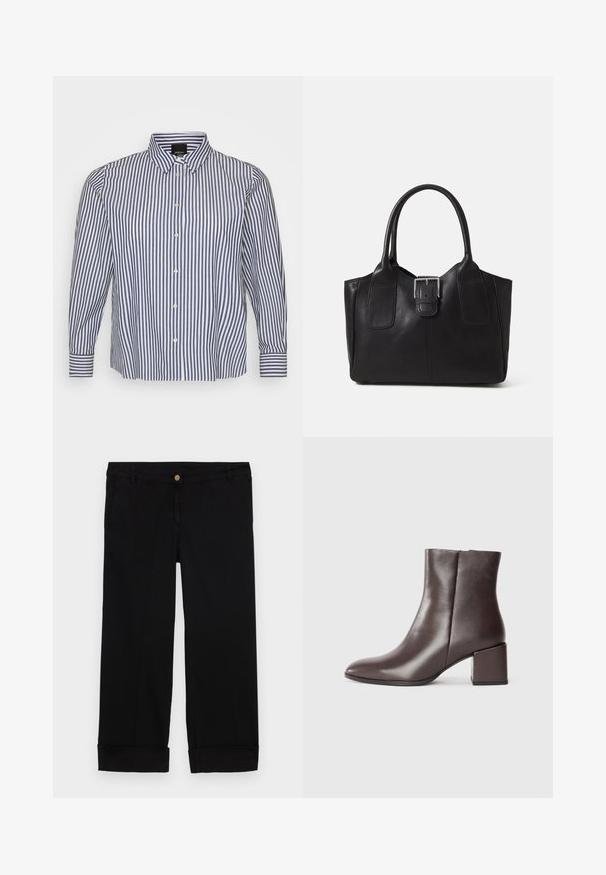 Camicia a maniche lunghe a righe in blu e bianco, con colletto a camicia, righe verticali e chiusura frontale con bottoni e polsini abbottonati.; Pantaloni di cotone neri con taglio dritto, dotati di tasche anteriori, chiusura con bottone dorato e risvolti. Texture liscia.; Stivale alla caviglia in pelle marrone con un design elegante, punta affusolata e tacco quadrato. Texture liscia e silhouette minimalista.; Borsa tote in pelle nera con texture liscia, forma strutturata, due manici e un evidente dettaglio in fibbia argentata sul davanti.
