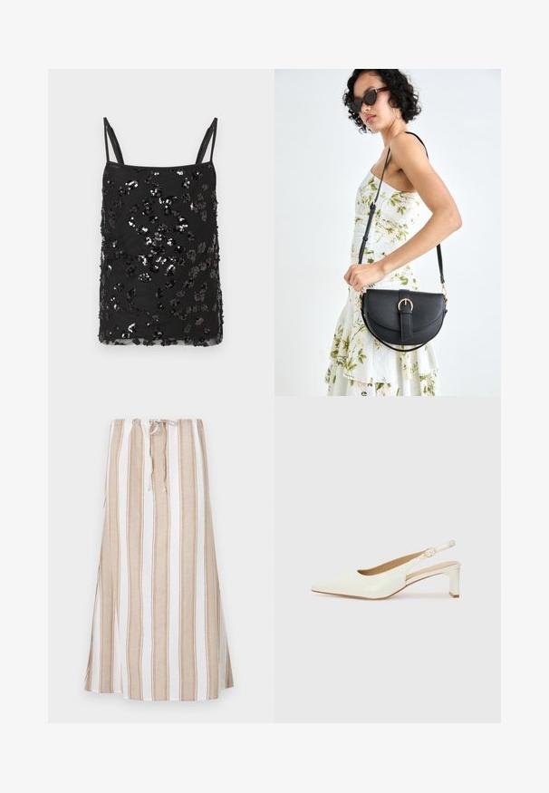 Fekete, vékony pántos spagettipántos top, fekete és ezüst flitterek különböző méreteivel díszítve, melyek szétszórt mintát alkotnak a anyagon.; Csíkos szoknya fehér és világosbarna színekben, húzózsinóros derékkal és hosszú, bájos ráncolással. Könnyű anyagból készült, laza szabással.; Fehér lakkbőr slingback cipő, hegyes orral és alacsony blokk sarkal. Finom pánttal rendelkezik, arany színű csattal.; Fekete bőrtáska ívelt formával, levehető pánttal és arany színű fémrészekkel. A táskán egy csattal díszített fedél található.