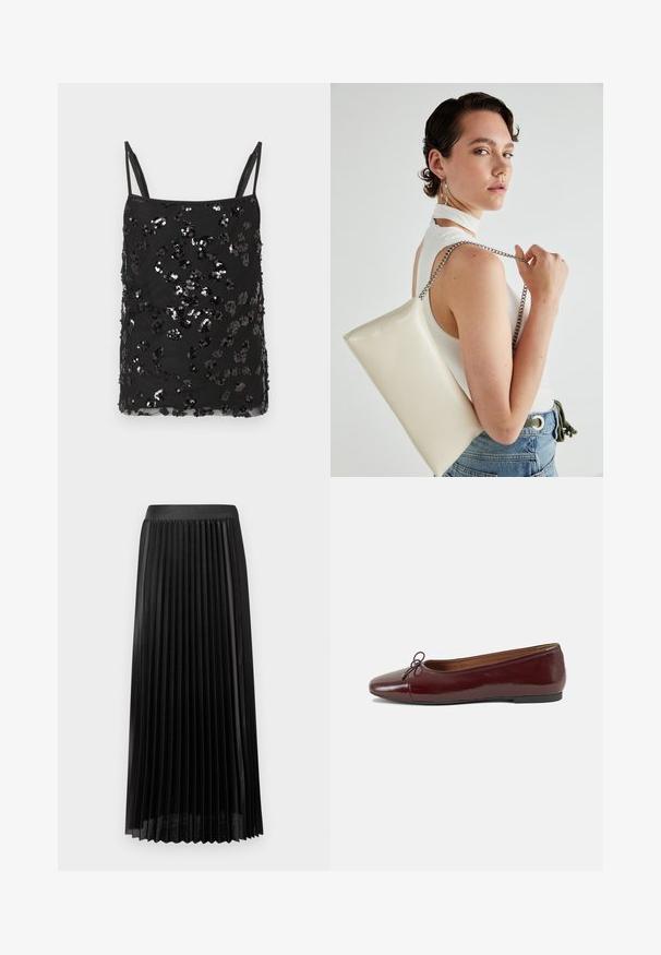 Top de camisola preta com alças finas, decorado com lantejoulas pretas e prateadas de vários tamanhos formando um padrão disperso no tecido.; Saia preta plissada com uma cinta suave, feita de tecido leve. Apresenta pregas verticais nítidas e um design até ao meio da panturrilha.; Bailarinas em couro sintético borgonha com bico redondo, pequeno laço na frente e sola baixa em borracha preta. Textura suave.; Bolsa de mão retangular branca, feita de material brilhante, com uma alça em corrente prateada. Modelo posa, exibindo a bolsa contra um fundo simples.