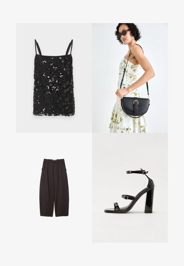 Black camisole top with thin straps, embellished with varying sizes of black and silver sequins forming a scattered pattern across the fabric.; Black wide-leg trousers made from a smooth fabric, featuring a high waist, front pleats, and side pockets. Simple design without embellishments.; Black patent heeled sandals with a square toe, ankle straps, and silver buckles. Features a chunky block heel for stability.; Black leather handbag with a curved shape, detachable strap, and gold hardware. The bag features a flap with a buckle detail.