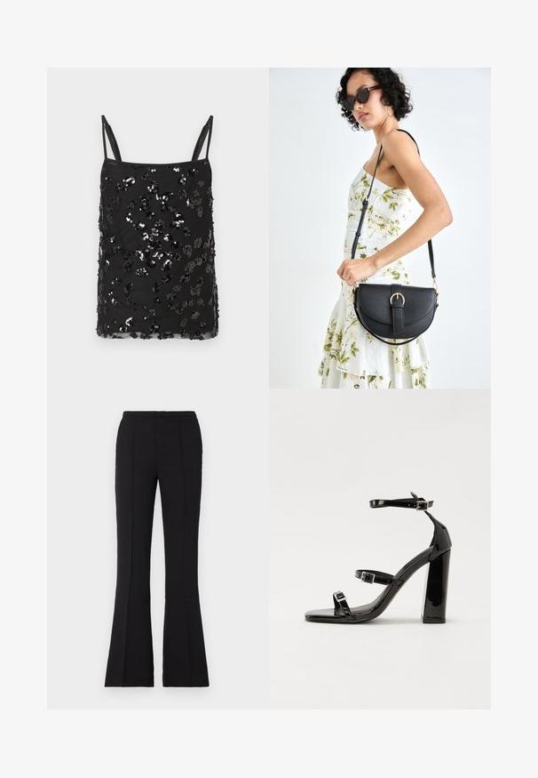 Zwarte cami-top met dunne bandjes, versierd met zwarte en zilveren pailletten in verschillende maten die een verspreid patroon over de stof vormen.; Zwarte flared broek van gladde stof, met een getailleerde taille, details van naden aan de voorkant en een lichte flaring die begint bij de knie.; Zwarte gepatenteerde sandalen met hak en een vierkante neus, enkelbandjes en zilveren gespen. Heeft een stevige blokhak voor stabiliteit.; Zwarte leren handtas met een gebogen vorm, afneembare schouderband en gouden hardware. De tas heeft een klep met een gespsluiting.