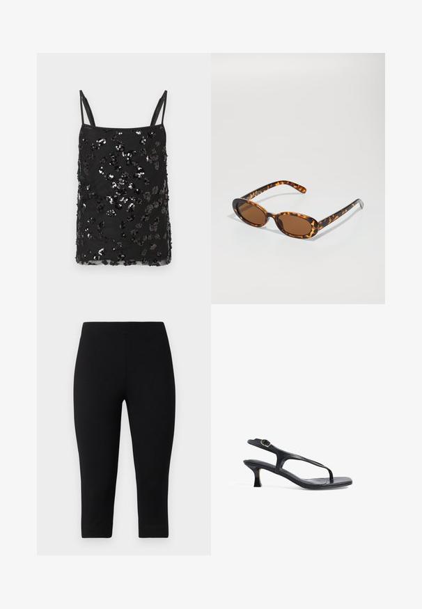 Sort camisoletop med tynde stropper, dekoreret med sorte og sølvfarvede pailletter i forskellige størrelser, der danner et spredt mønster på stoffet.; Sorte capri leggings lavet af strækbart materiale, med en tætsiddende pasform og glat tekstur, uden fremtrædende mønstre eller accenter.; Sort læder sandal med et slankt design, tynde stropper og en lille hæl. Har en spænde detaljer og en glat, tekstureret indersål.; Skildpadde-solbriller med ovale stel, brune linser og slanke sorte arme med diskrete mønster-indsatser.